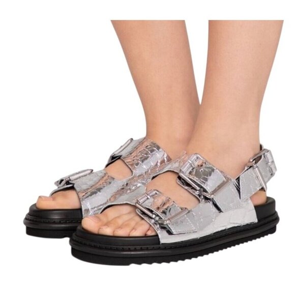 ZADIG & VOLTAIRE Alpha Buckle Slingback Sandal Crocodile Embossed Silver - Picture 1 of 14